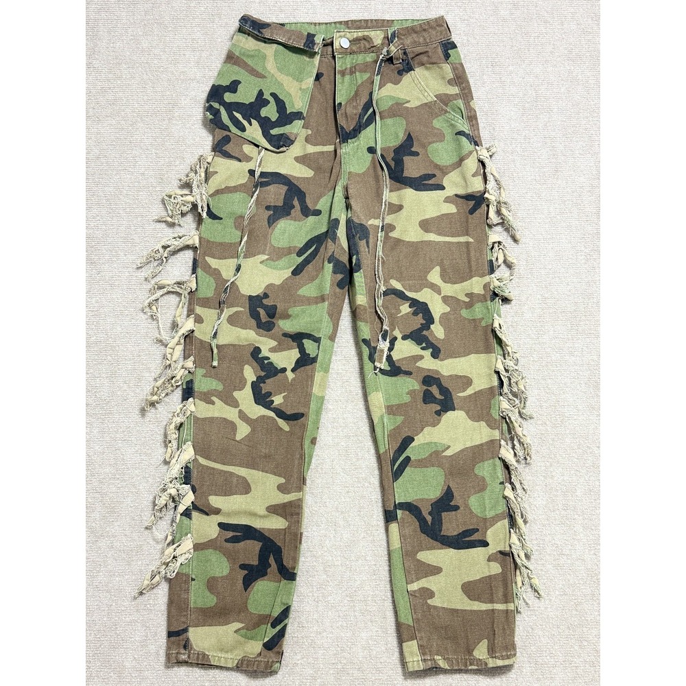 Camo Frayed Pants Mens Small Utility Cargo‎ Drawstring Streetwear Pockets